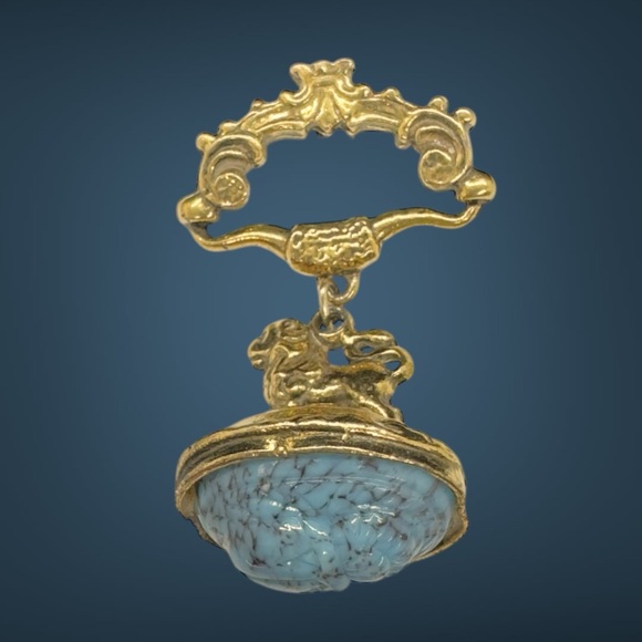 Vintage Etruscan Style Lion & Faux Turquoise Scarab Drop Brooch - Picture 3 of 7